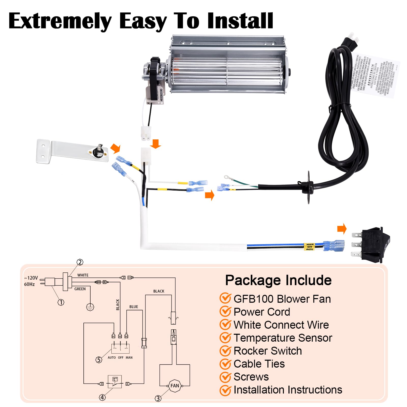 Hiorucet GFB100 Ventless Fireplace Blower Fan Kits for GHP Group Pleasant Hearth, VFF-PH32DR, VFF-PH20D, VFF2-PH20D, VFF-PH26D. Pleasant Hearth GFB100 Vent-Free Fireplace Blower with Thermostat.