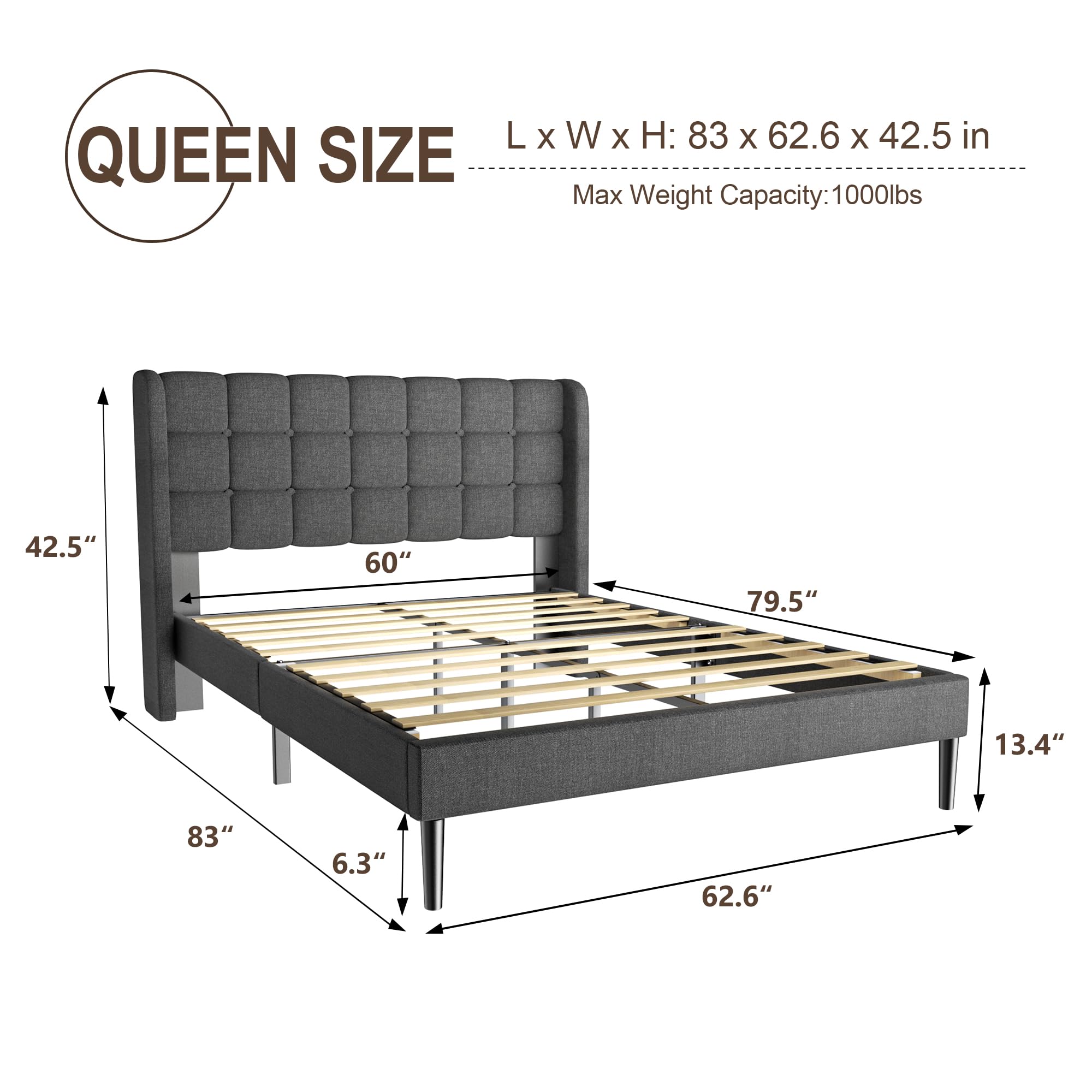 HAOARA Queen Bed Frame with Headboard and Upholstered Wingback, Modern Platform Bed Frame, Mattress Foundation Wooden Slats Support, No Box Spring Needed, Easy Assembly, Dark Grey