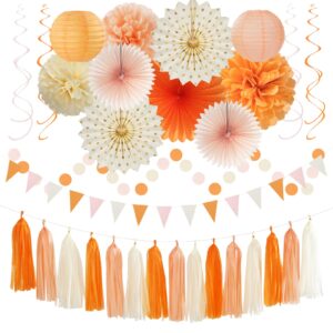 orange-beige peach fall-boho thanksgiving party-decorations - 31pcs autumn friendsgiving banner,streamers tassel garland,birthday tissue pom poms, paper lantern fans,bridal shower hanging decor hugtmr