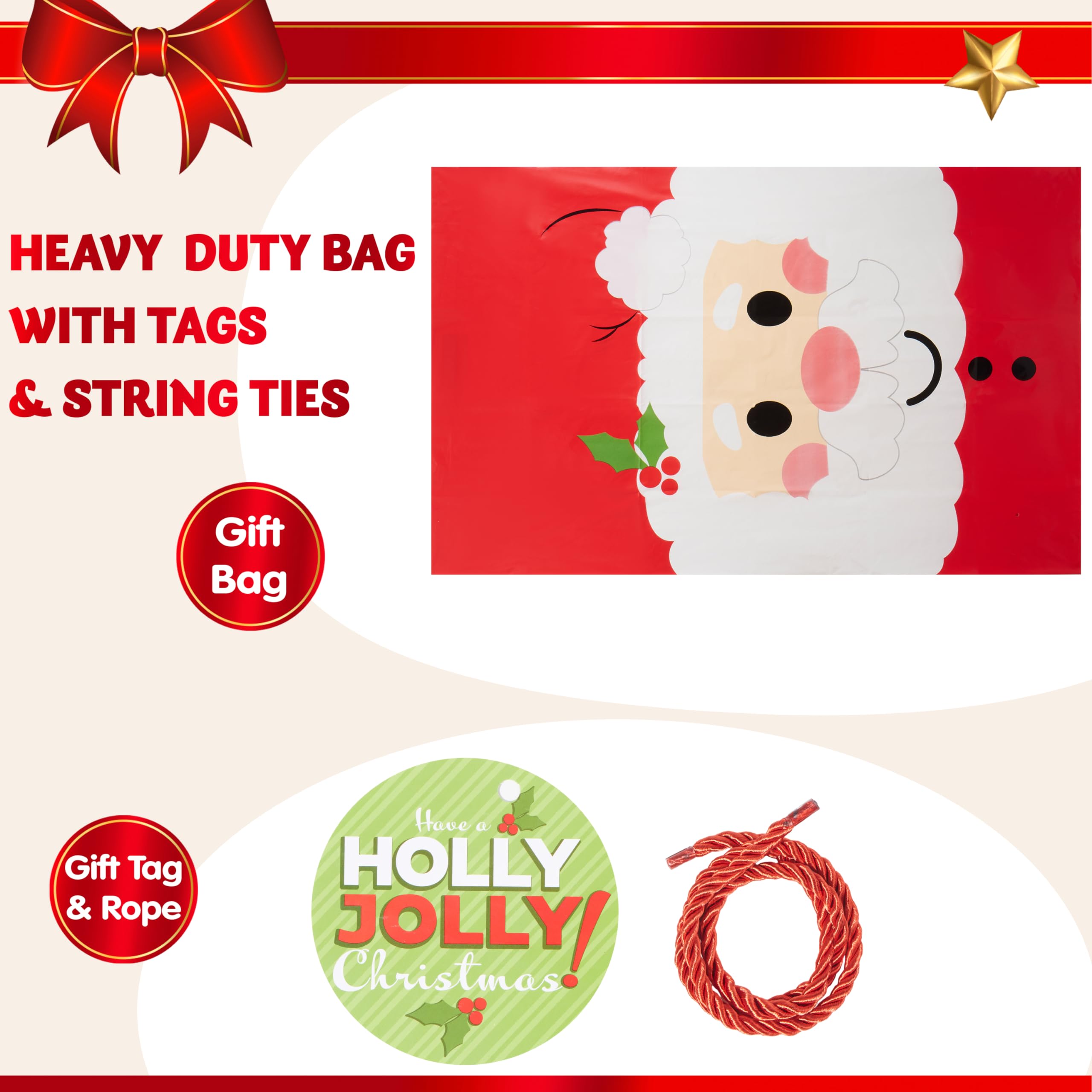 JOYIN Jumbo Christmas Santa Gift Bag Plastic Xmas Gift Wrapping Bag 56”x36” for Gift Giving, Holiday Presents, Giant Gifts Decorations, Festive Surprises