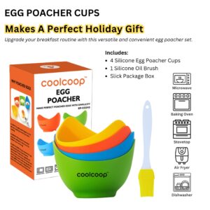 COOLCOOP Silicone Egg Poacher Cups: Egg Poacher with Oil Brush, Nonstick Egg Poaching Cups For Microwave, Baking, Air Fryer or Stovetop Egg Cooking, BPA Free - 4 Pack