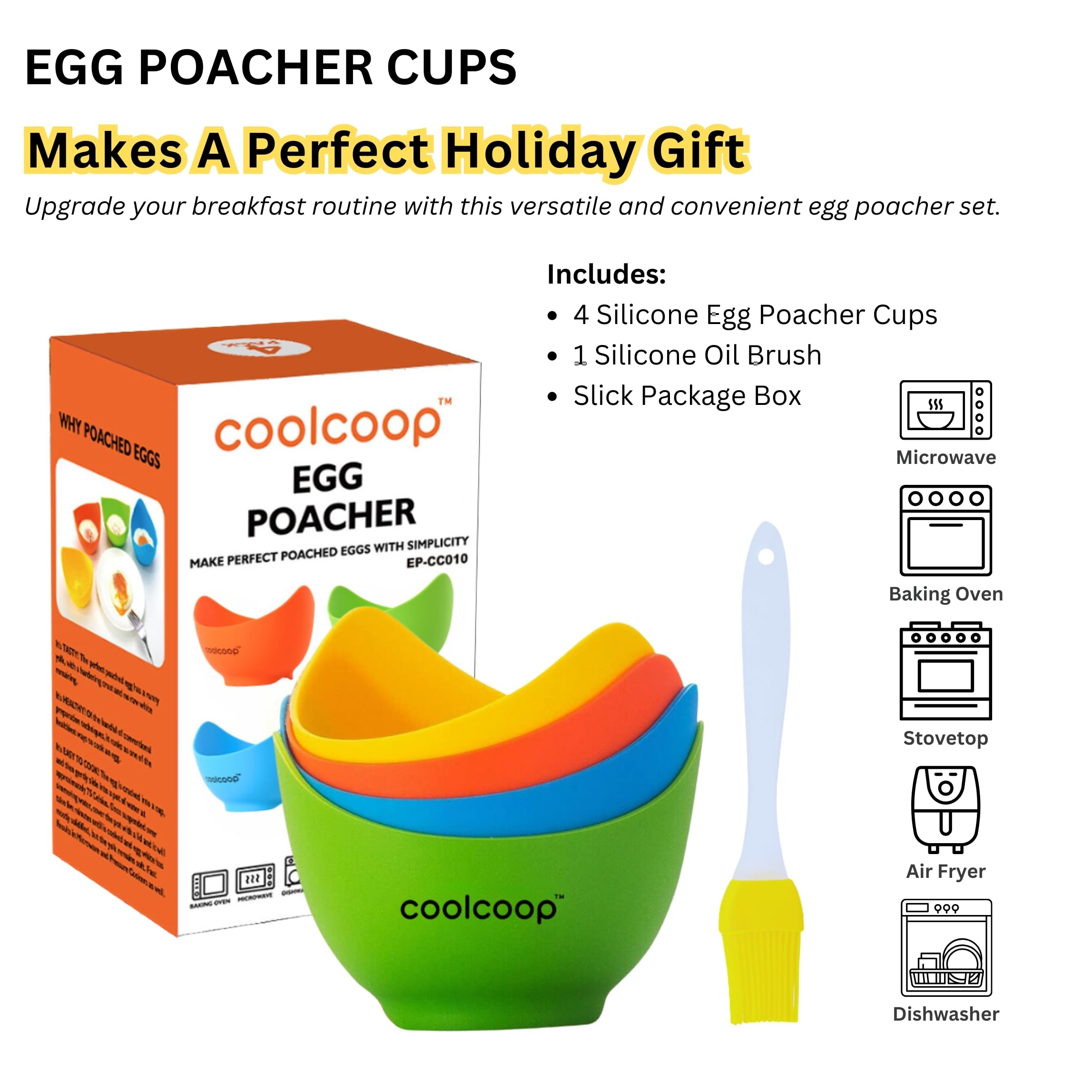 COOLCOOP Silicone Egg Poacher Cups: Egg Poacher with Oil Brush, Nonstick Egg Poaching Cups For Microwave, Baking, Air Fryer or Stovetop Egg Cooking, BPA Free - 4 Pack