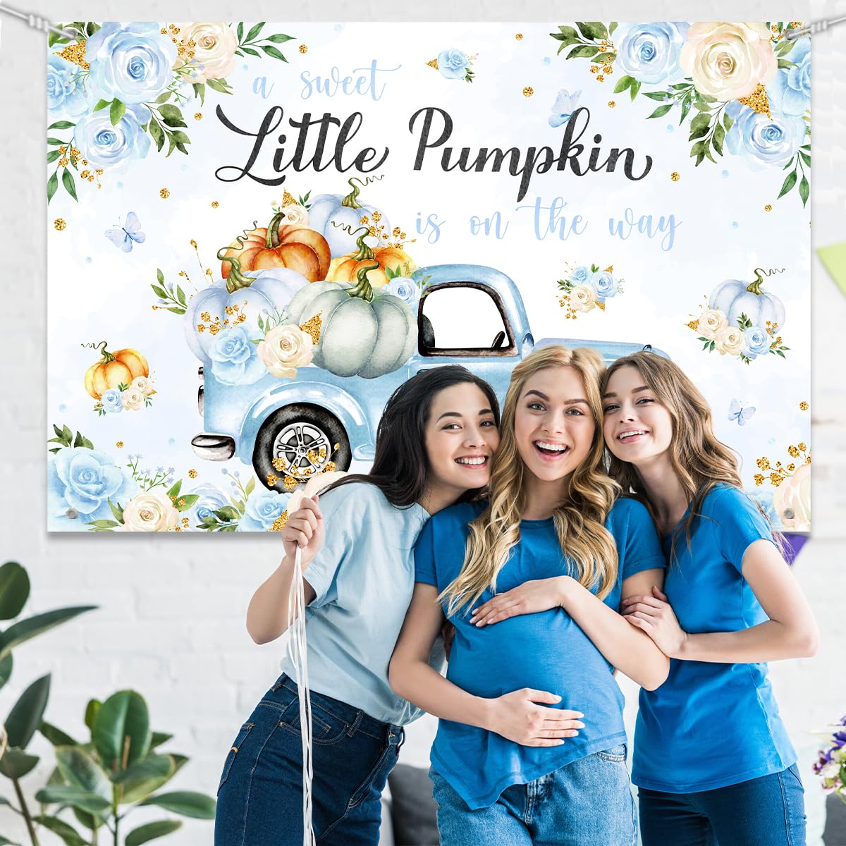 Little Pumpkin Baby Shower Decoration Backdrop for Boy A Sweet Little Pumpkin is On The Way Fall Blue Floral Truck Photography Background It's a Boy Party Decor Banner 5x3ft