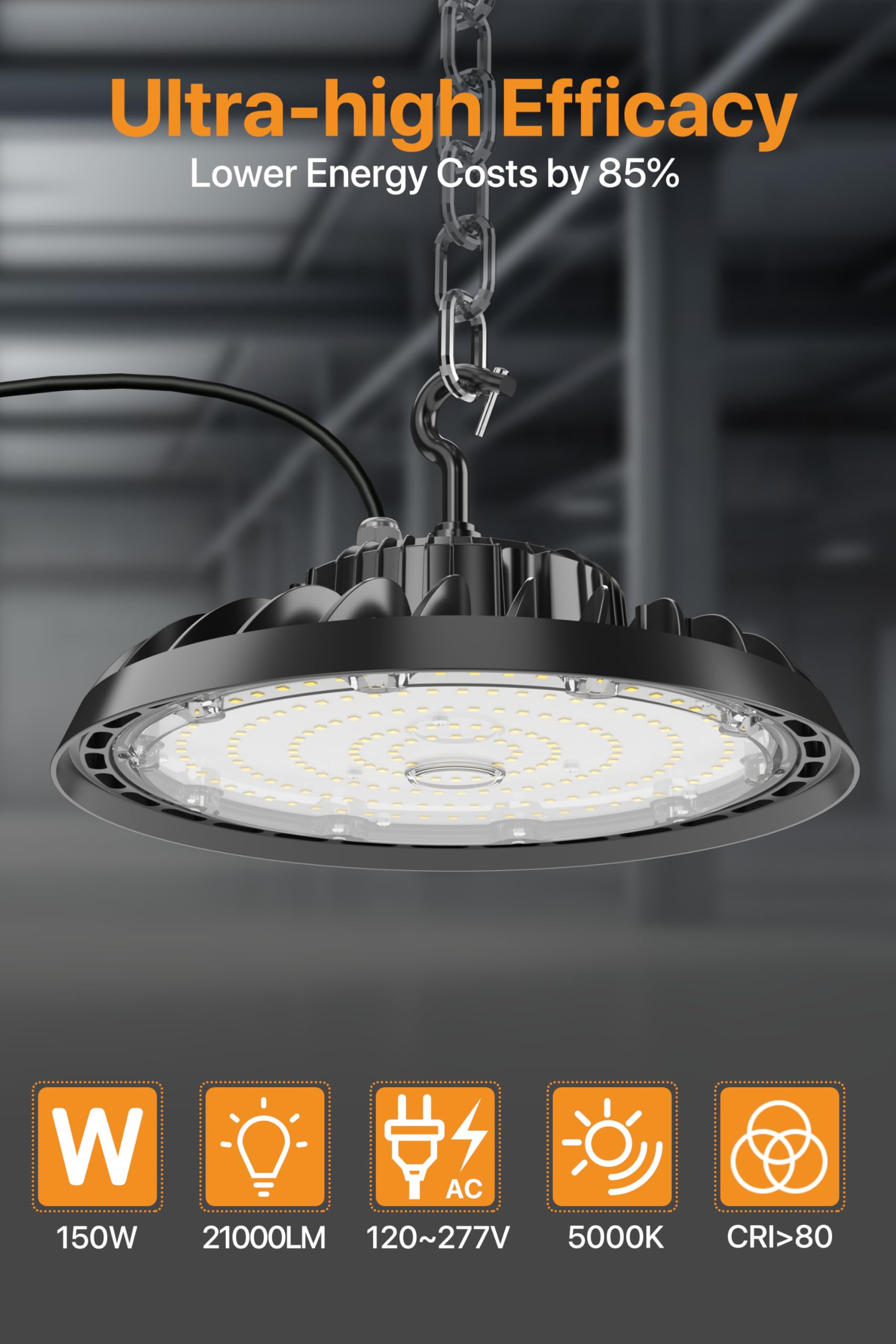 Pvilub High Bay LED Shop Lights: 150W 21000LM UFO LED High Bay Light with US Plug, 120-277V, IP65 Commercial Bay Lighting, High Bay LED Lights for Garage Workshop Warehouse Factory Barn 2PACK