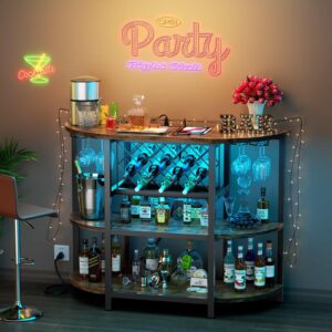 Zarler Bar Table Cabinet with Power Outlet, LED Home Mini Bar Cabinet for Liquor, Metal Wine Bar Stand with 4-Tier Storage, Easy to Assemble, Brown