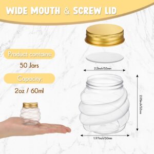 Suclain 50 Pcs 2 oz Honeycomb Plastic Jars with Gold Lids Mini Honey Jars Wide Mouth Canning Jars Small Spice Jars for Party Wedding Favors, Baby Shower DIY Gift Jelly Herb Jams Candy