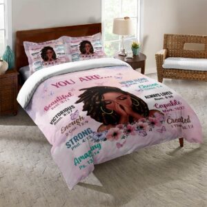 TRENDYNEST Kids Comforter Sets Queen Size, Prayer Girl and African American Girl Inspirational Quotes with Floral Butterfly, Teens Bedding Sets for Girls Women (Queen, Pink White)