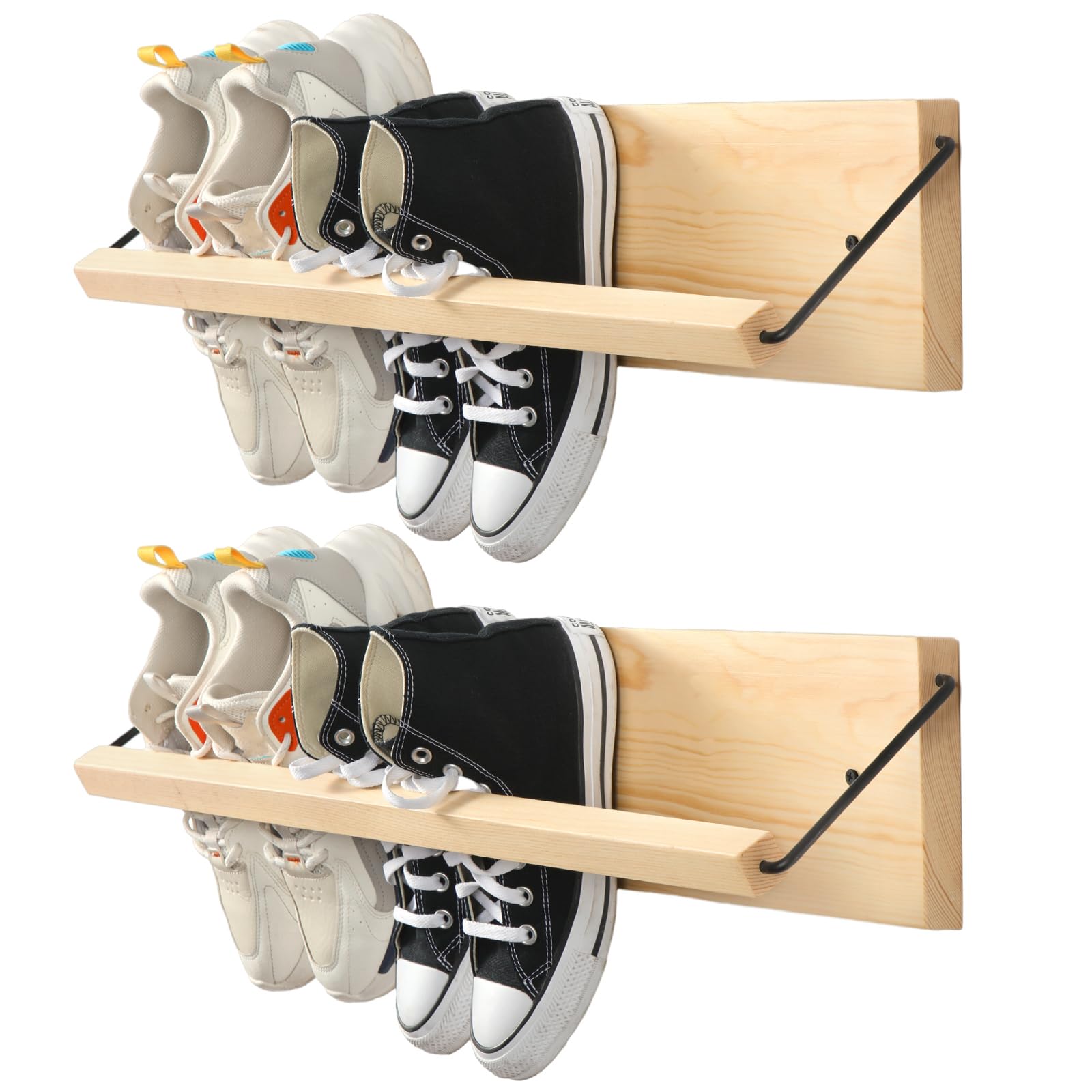 Mifoci 2 Pcs Wall Mounted Shoe Rack Wooden Shoe Rack Organizer Wall Shoe Holder Modern Compact Wood Rv Shoe Storage for Sneaker Footwear Slipper Boots Entryway Narrow Spaces Hallway(28.35'' Long)