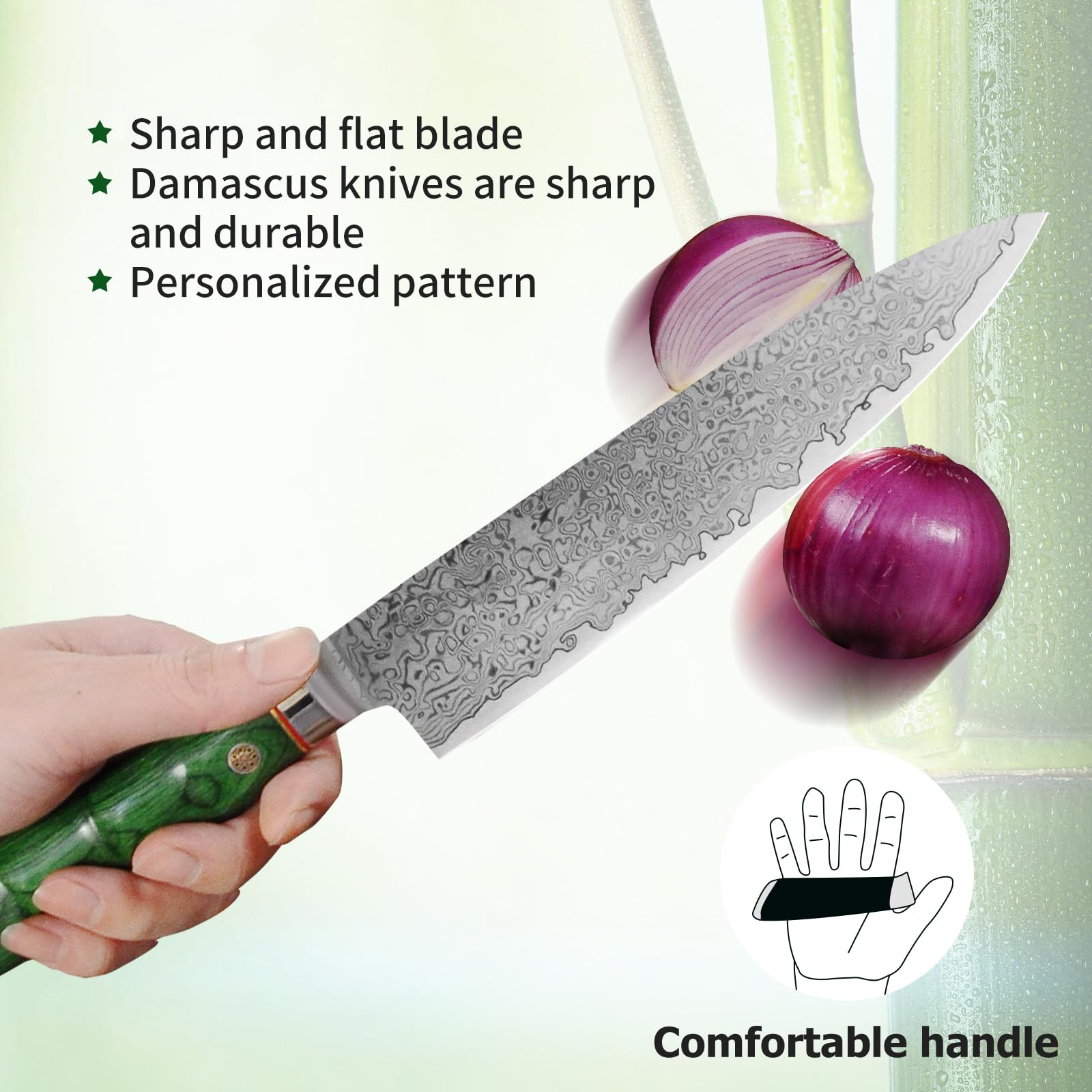 LIN ZHI REN Damascus Chef Knife, Razor Sharp 8 inch Damascus chef knife with clip sheath, Professional Chef's Knife with Ergonomic Handle