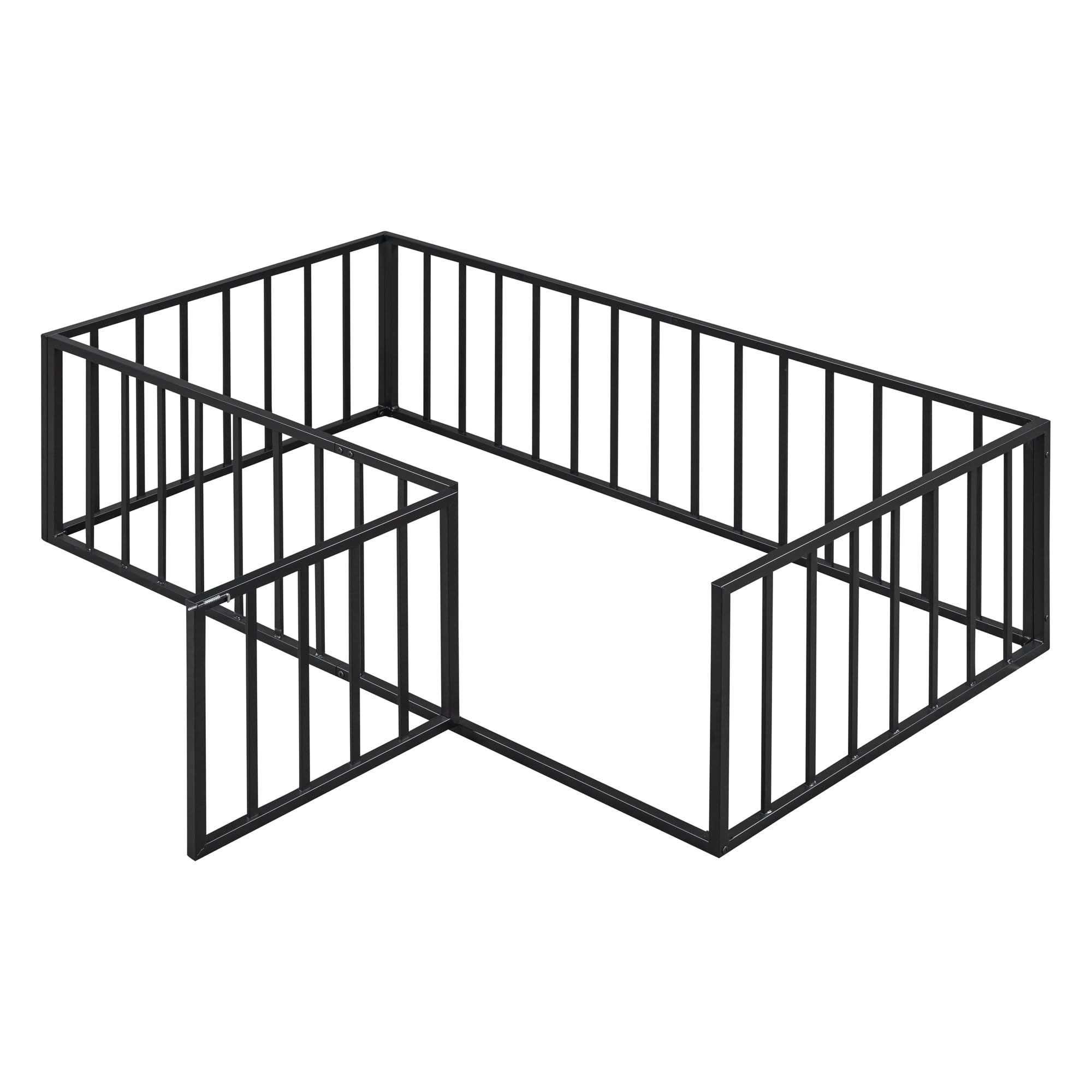 Twin Size Floor Bed for Kids, Montessori Beds with Rails and Door, Metal Playhouse Bed Frame with Fence for Boys Girls, Black