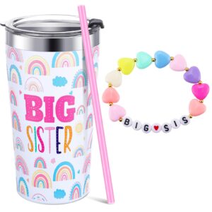 maxcheck 2 pcs sister gift 12 oz pink sister cup stainless steel mug vacuum insulated tumbler with leak proof lid and straw sister bracelet sister announcement jewelry for little girl (big sister)