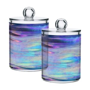 sdmka 2 pack apothecary jars bathroom iridescent qtip holder dispenser clear plastic storage canister jar with lid for cotton ball, cotton swab