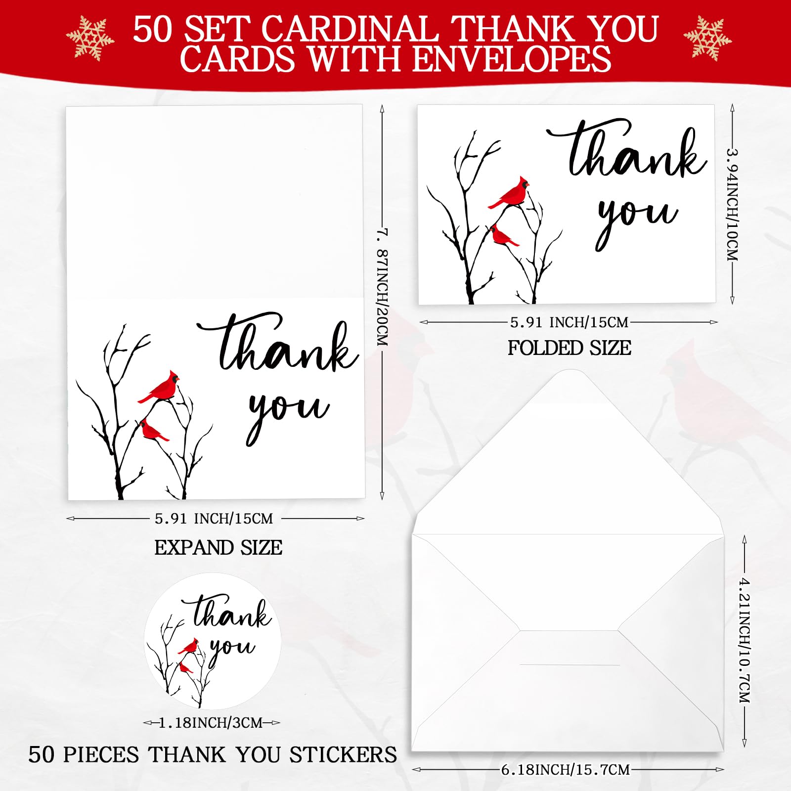 Cholemy 50 Set Cardinal Thank You Cards Bird Memorial Cards Funeral Thank You Cards with Envelopes and Stickers Message Sympathy Bereavement Card for Family Loved Ones Celebration of Life