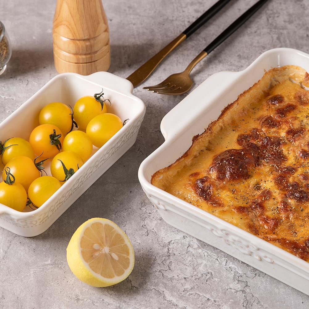 Sweejar Casserole Dishes for Oven, Ceramic Bakeware Set of 4, Rectangular Baking Dish with Handles, Lasagna Pans for Cooking, Gratin, Roasting, Banquet and Daily Use (Kiln-Change White)