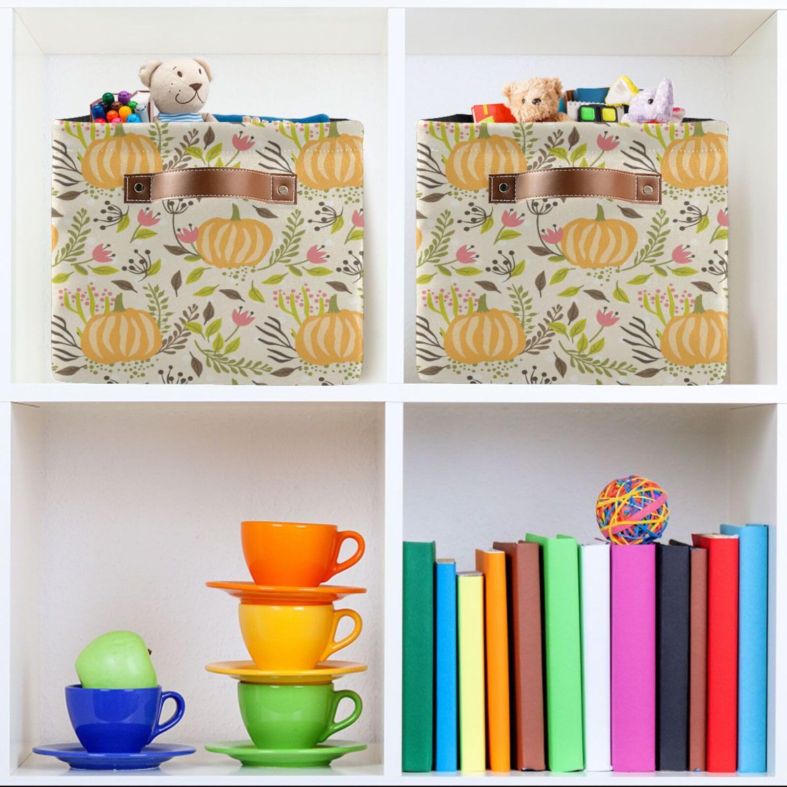 Large Storage Basket Floral Pumpkin Halloween Autumn Foldable Storage Box Organizer Bins with Handles for Bedroom Home Office