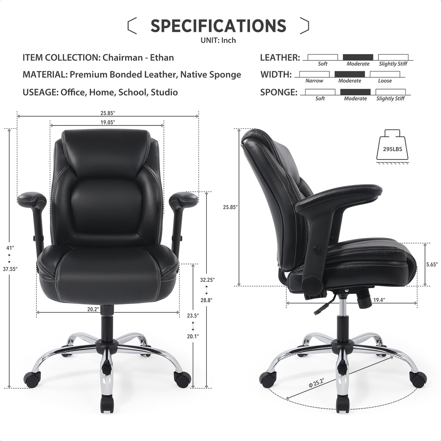 CHAIRMAN Multi-Purpose Premium Bonded Leather Padded Mid-Back Adjustable-Height/Tilt, Swivel Office Computer Desk Task Chair with Functional Arms, Black