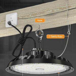 Pvilub High Bay LED Shop Lights: 150W 21000LM UFO LED High Bay Light with US Plug, 120-277V, IP65 Commercial Bay Lighting, High Bay LED Lights for Garage Workshop Warehouse Factory Barn 2PACK