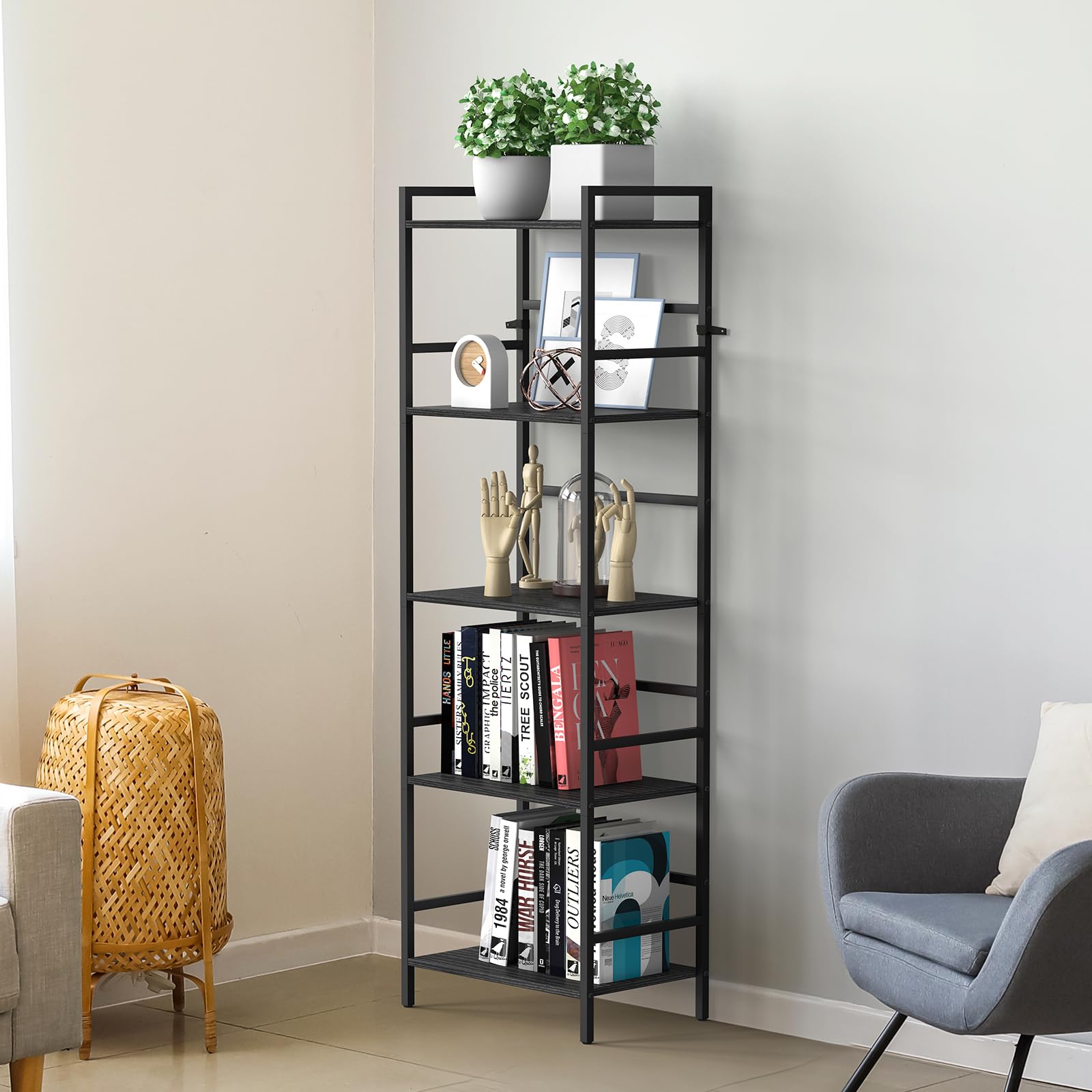 CADUKE Black Tall Bookcase 5 Tier Book Shelf for Bedroom Industrial Bookshelf with Storage Book Shelves for Kids Room Standing Office Bookshelves and Bookcases for Bedroom Living Room