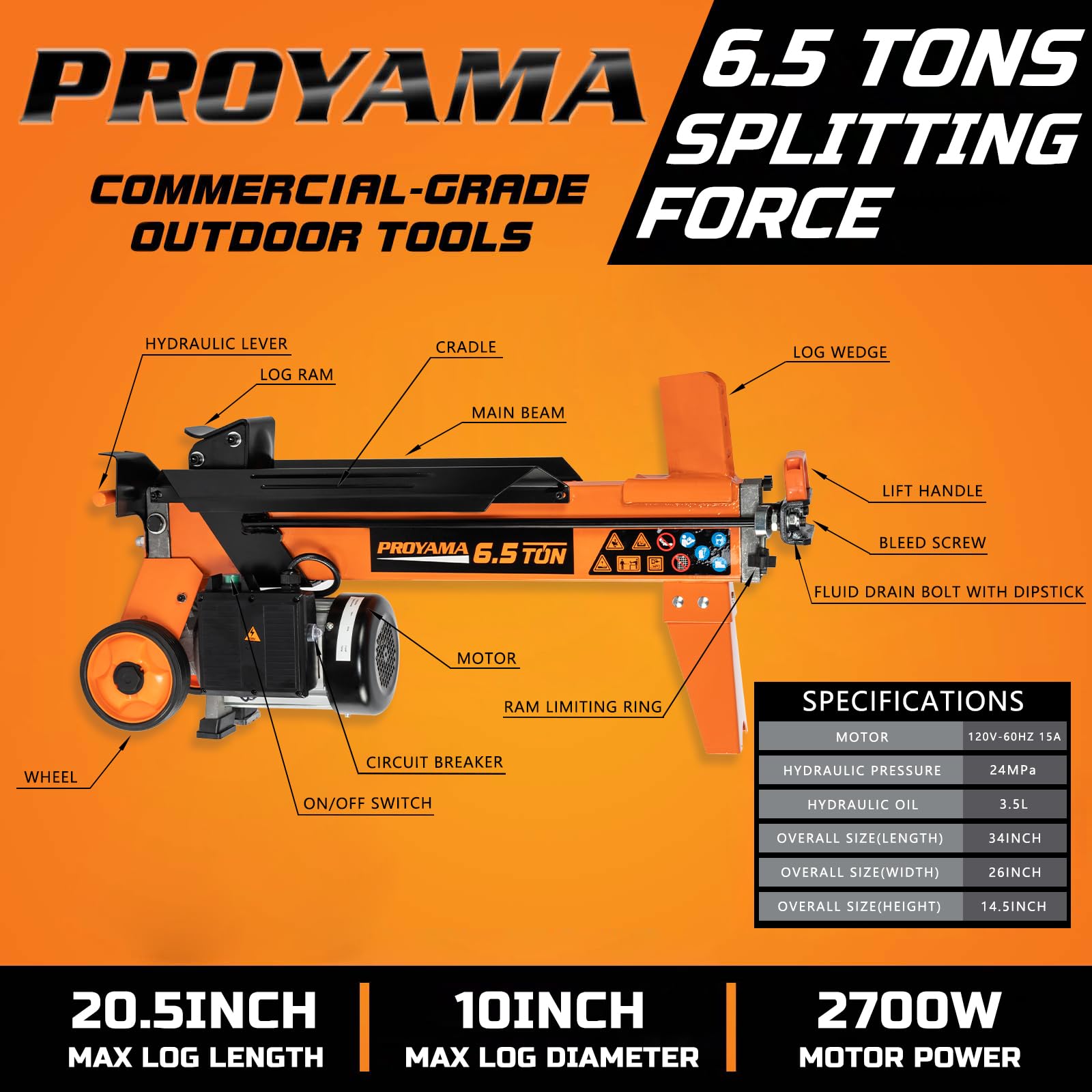 PROYAMA Log Splitter 6.5 Ton, Wood Splitter Electric Powered 15Amp, with Hydraulic Ram, Electric Firewood Splitting Machine, Horizontal