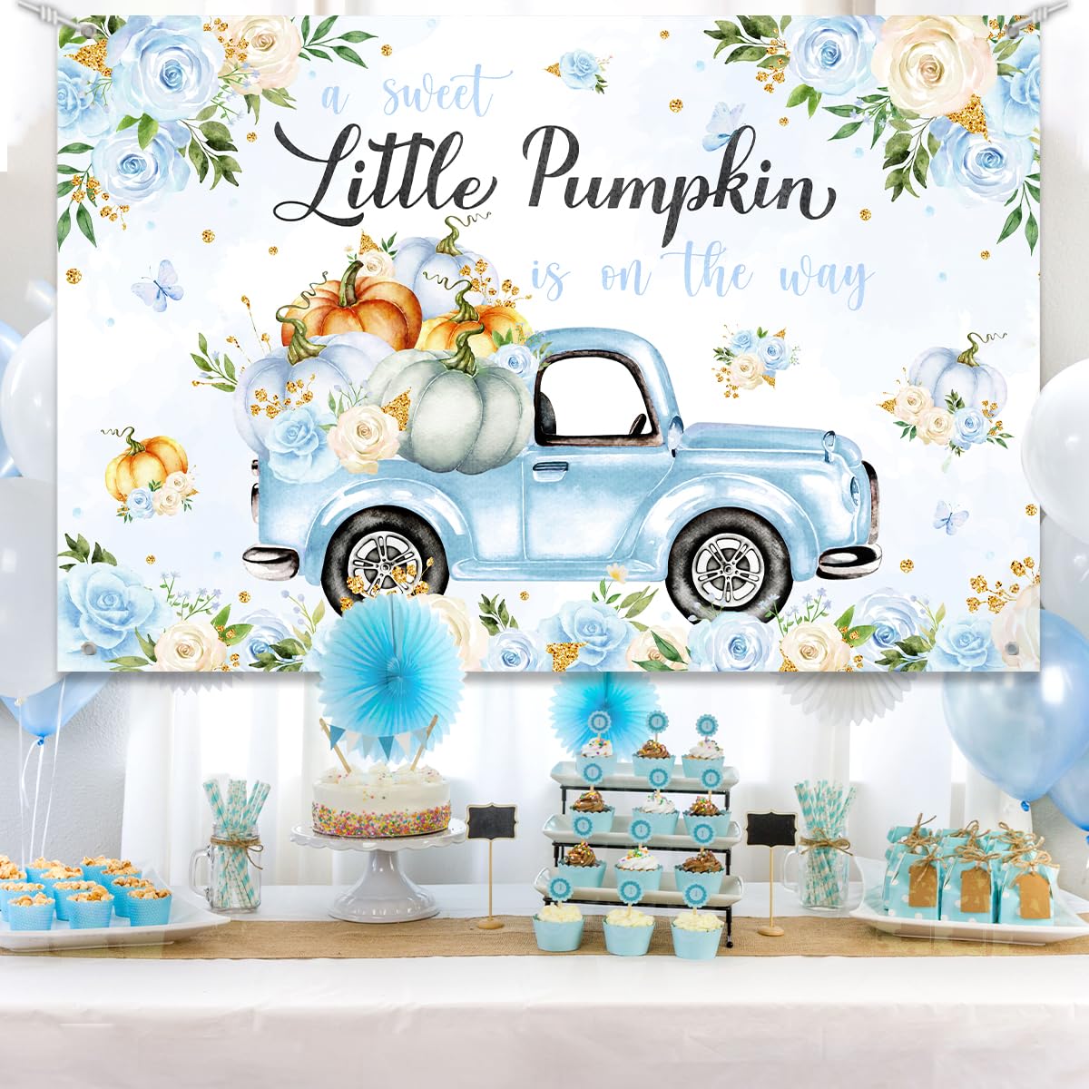 Little Pumpkin Baby Shower Decoration Backdrop for Boy A Sweet Little Pumpkin is On The Way Fall Blue Floral Truck Photography Background It's a Boy Party Decor Banner 5x3ft