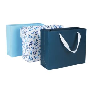 12 Pack Heavy Duty Blue Gift Bags with Ribbon Handles - 10"x3.5"x8" Medium Gift Bags in Bulk with Tissue Paper; Baby, Wedding Shower, Thank You, Holiday and Birthday Gift Bag Set for Men and Women