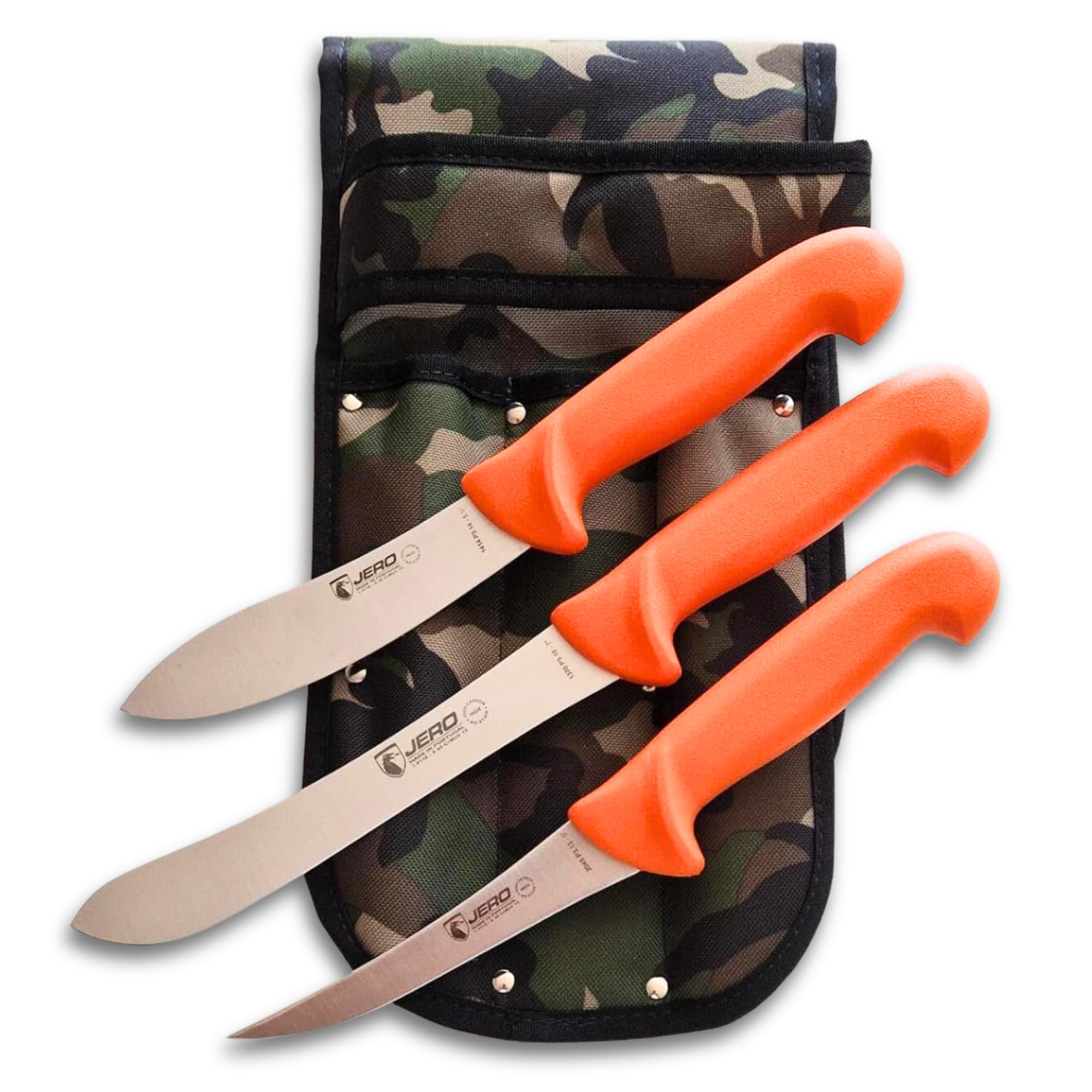 Jero Hunter Knife Set With Camo Scabbard - Orange Handles With High-Carbon Stainless Blades - Narrow Butcher, Deer Skinner And Boning Knife