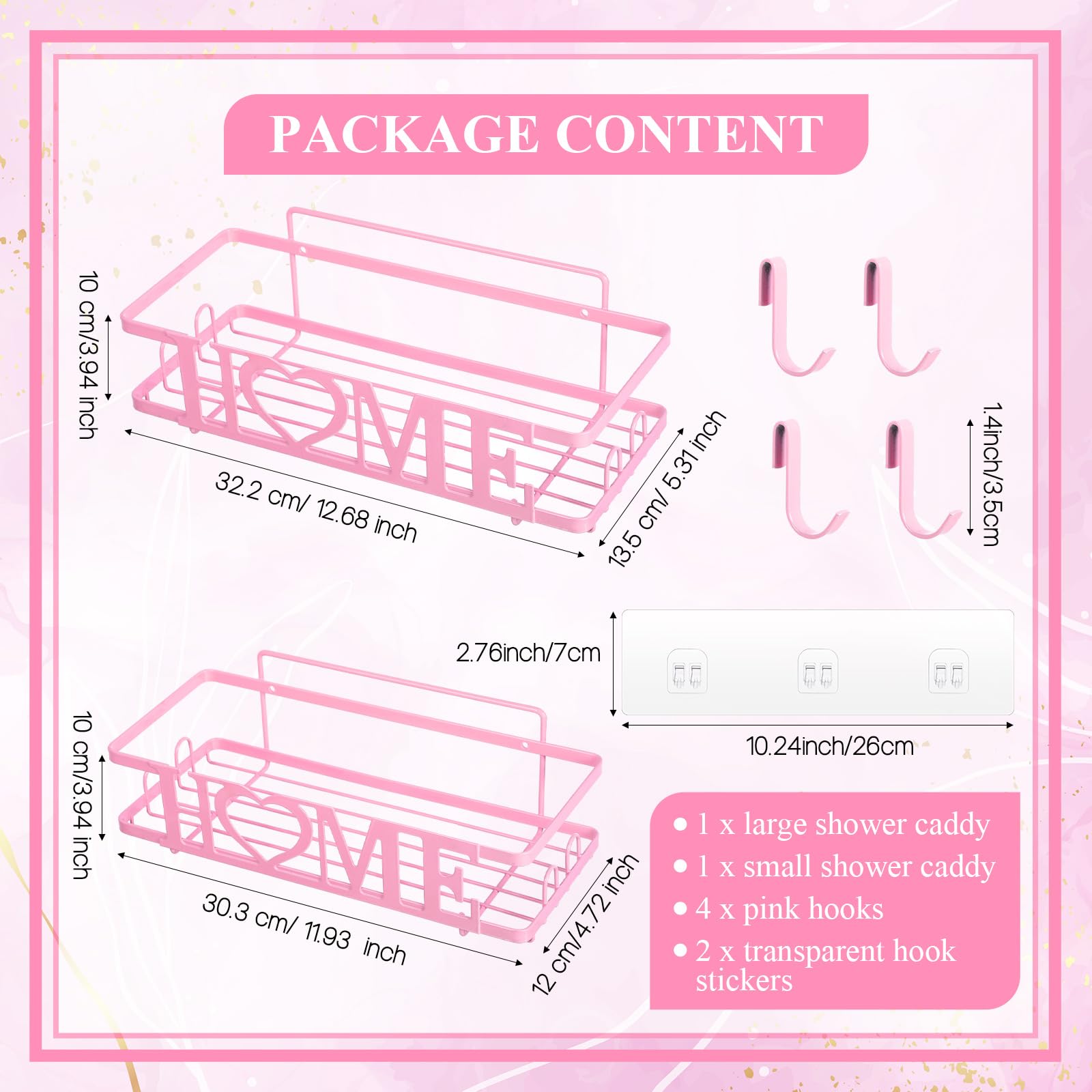 Tisancy Bathroom Accessories Set 2 Set Shower Caddy for Bathroom Organizer Wall Decor for Tub Kitchen Self Adhesive Wall Mounted Storage No Drilling Shower Rack Basket Bin Tray with 4 Hook Heart Sign