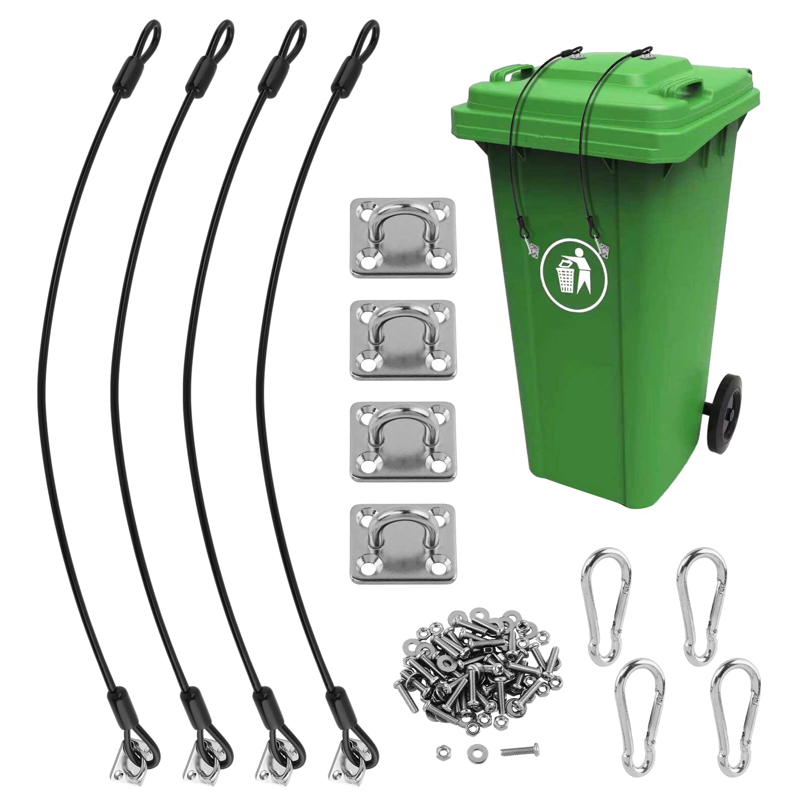 Jaeskeclip 4sets Trash Can Lock Kit, Garbage Can Lock, Trash Safe, with Rubber Coated Braided Wire Rope, Stainless Steel Hasp, Mounting Hardware, Self-Tapping Screws, for Garden, Park, Outdoor