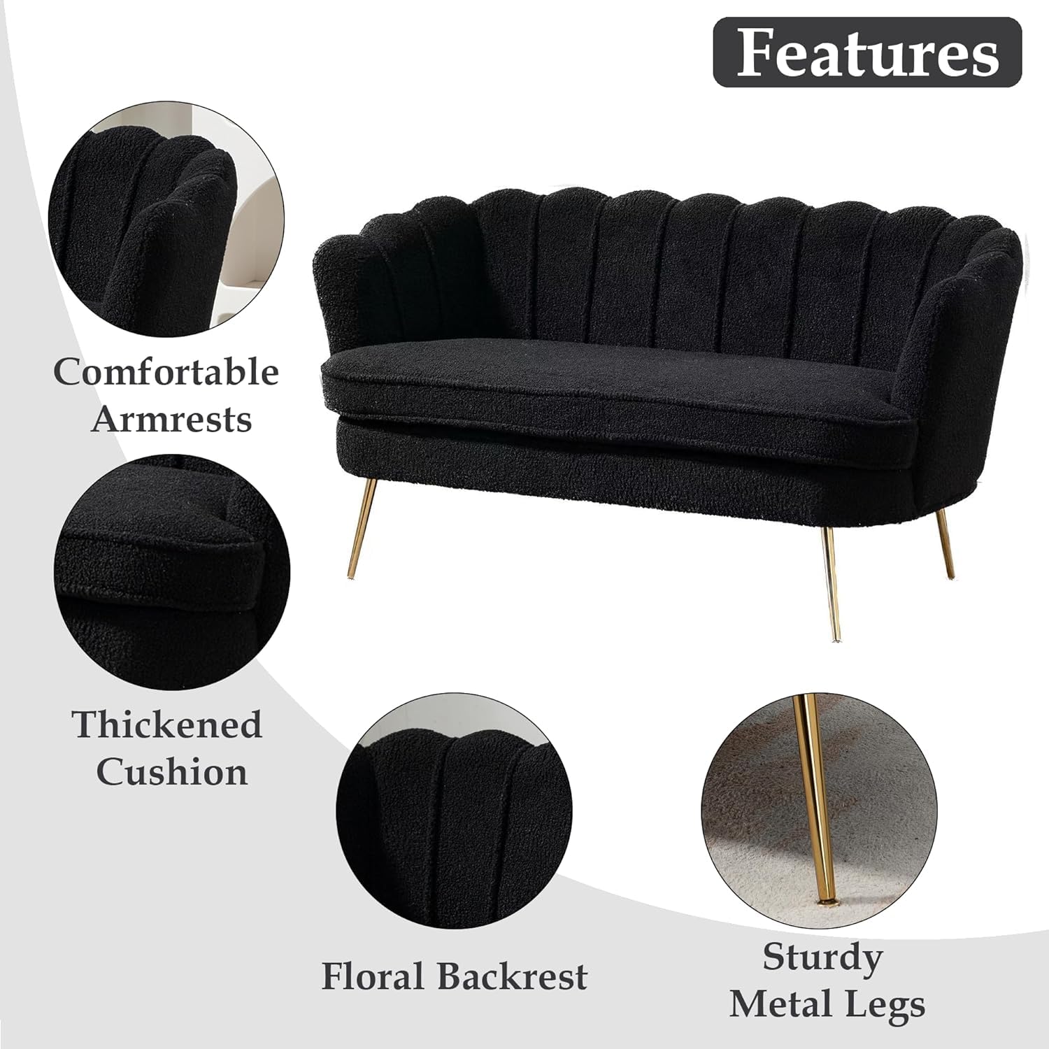 anwickjeff 59" Wide Modern Boucle Loveseat Small Sofa Small Mini Room Couch 2-Seater Sofa with Gold Metal Legs for Small Space Office Studio Apartment Bedroom (Black)