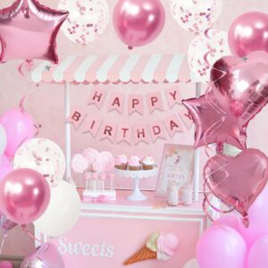 RUBFAC Pink Birthday Decorations for Women and Girls, Happy Birthday Banner, Pink Fringe Curtain, Pink Confetti Balloons, Heart Shape Foil Balloons for Women Girls Birthday Princess Party