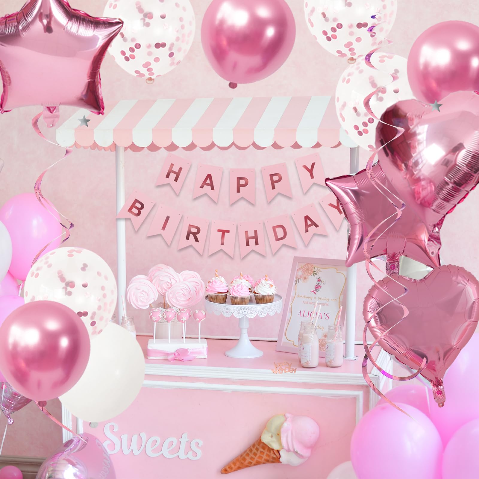 RUBFAC Pink Birthday Decorations for Women and Girls, Happy Birthday Banner, Pink Fringe Curtain, Pink Confetti Balloons, Heart Shape Foil Balloons for Women Girls Birthday Princess Party