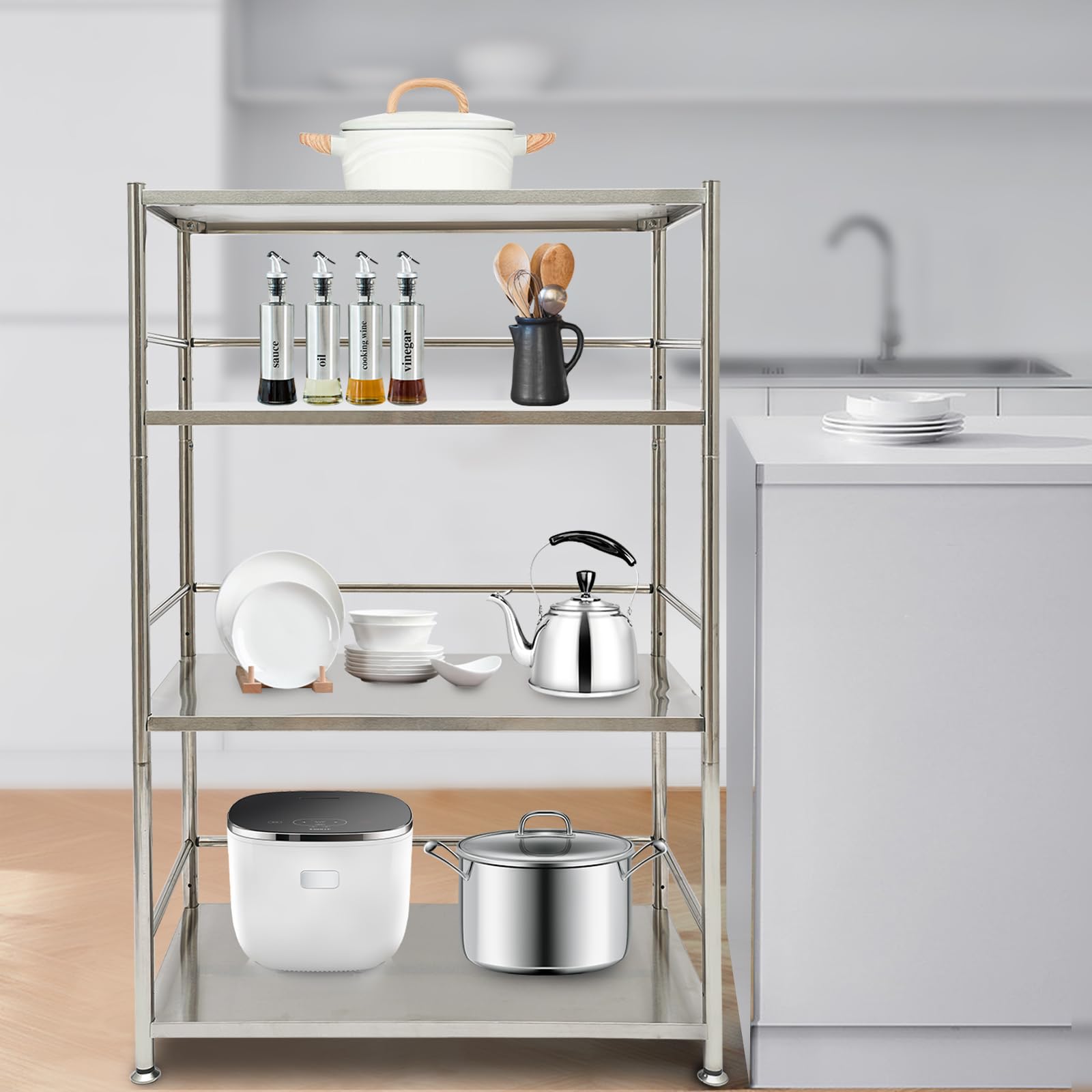 4 Tier Metal Storage Shelves Stainless Steel Storage Racks and Shelving Heavy Duty Metal Shelf Storage Organizer Rack for Kitchen, Garage, Home, Office, Garden