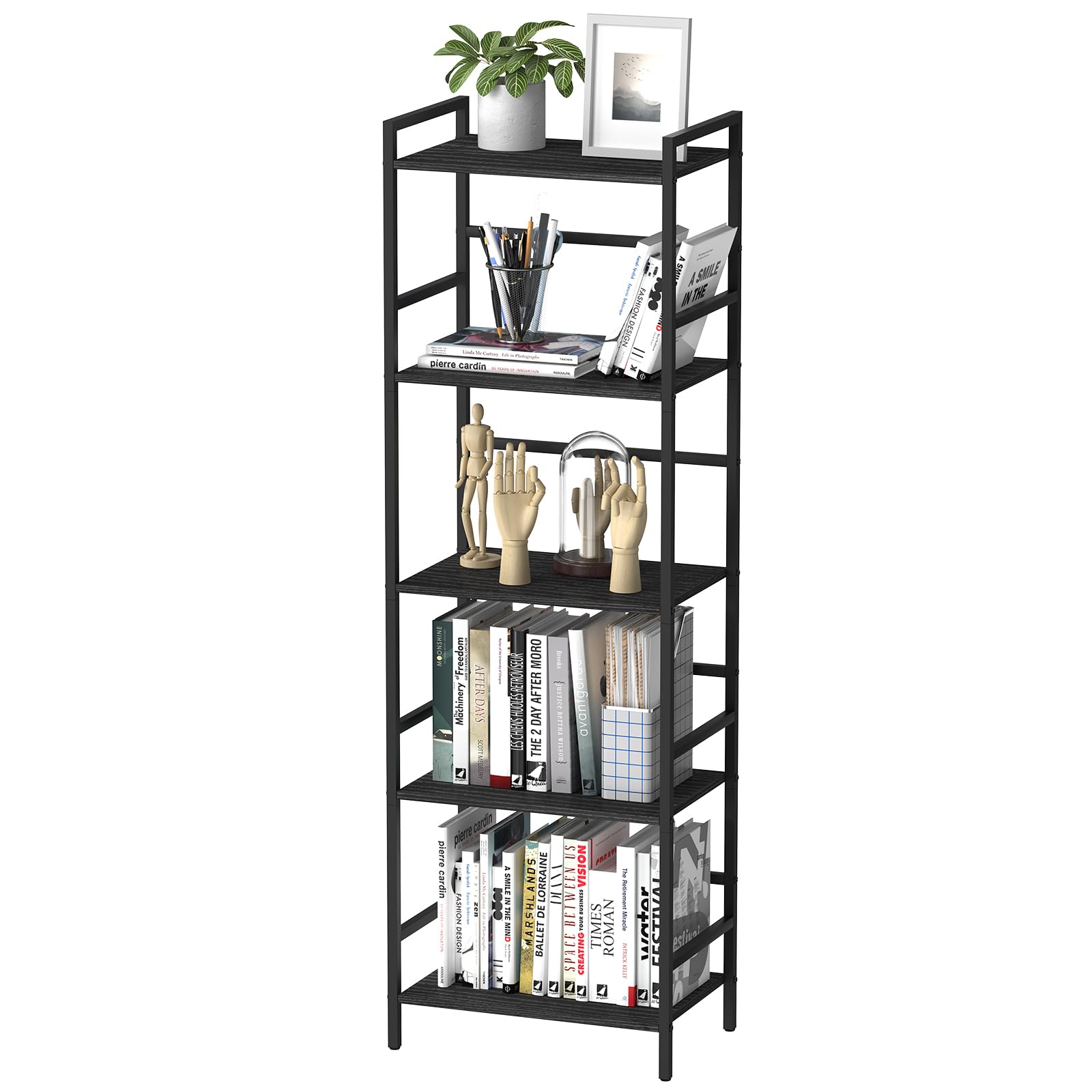 CADUKE Black Tall Bookcase 5 Tier Book Shelf for Bedroom Industrial Bookshelf with Storage Book Shelves for Kids Room Standing Office Bookshelves and Bookcases for Bedroom Living Room