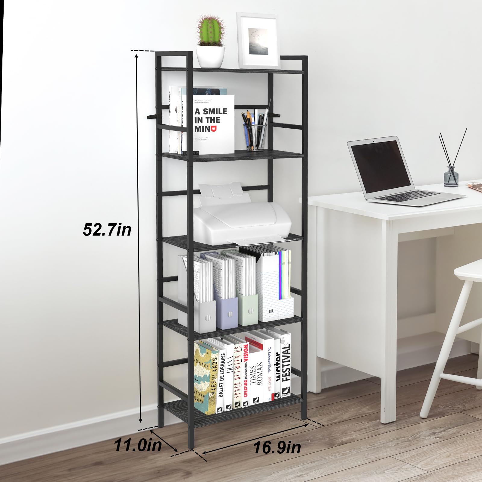 CADUKE Black Tall Bookcase 5 Tier Book Shelf for Bedroom Industrial Bookshelf with Storage Book Shelves for Kids Room Standing Office Bookshelves and Bookcases for Bedroom Living Room