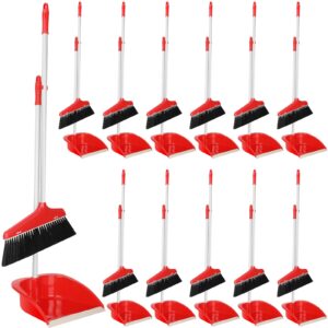 willbond 12 set broom and dustpan set, long handle broom with upright standing dustpan, broom with dustpan combo set for outdoor kitchen lobby office floor cleaning (red)