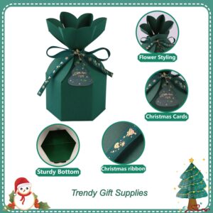 20pcs Christmas Gift Boxes Treat Cookie Favor Party Stacking Set with Lids Merry Christmas Goodie Paper Box Small Size Bow Bulk for Chirldren Mini Wrap Decorative Candy Holiday Santa Presents Giving (20 green Christmas+tag+ribbon+pins)