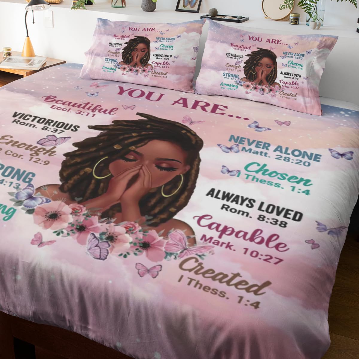 TRENDYNEST Kids Comforter Sets Queen Size, Prayer Girl and African American Girl Inspirational Quotes with Floral Butterfly, Teens Bedding Sets for Girls Women (Queen, Pink White)