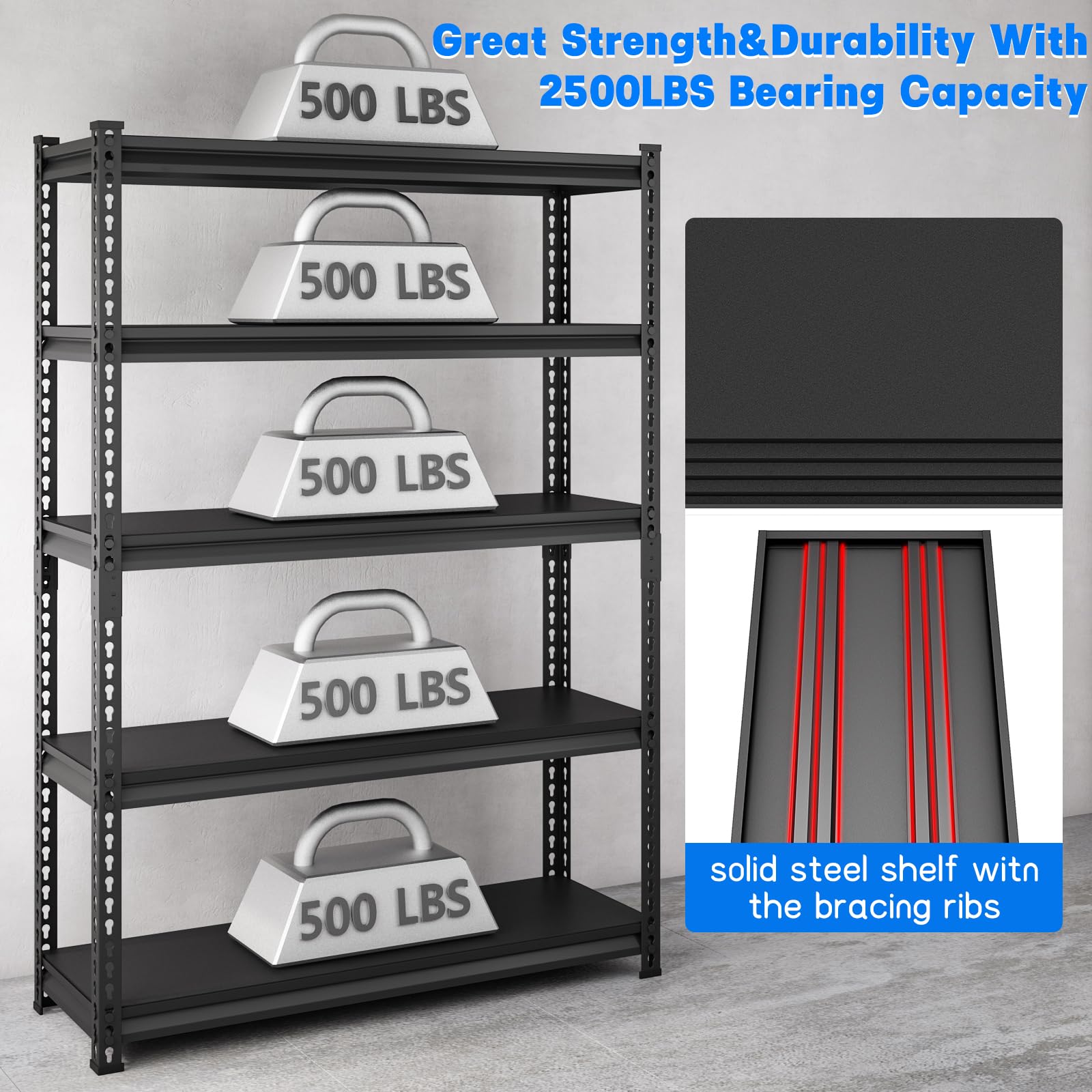 Rufokisa 48" W Garage Shelving Heavy Duty，2500LBS Loads Adjustable Garage Storage Shelves, 5-Tier Metal Shelving Units and Storage Racks Heavy Duty, 48”W x 18”D x 78”H，Black…