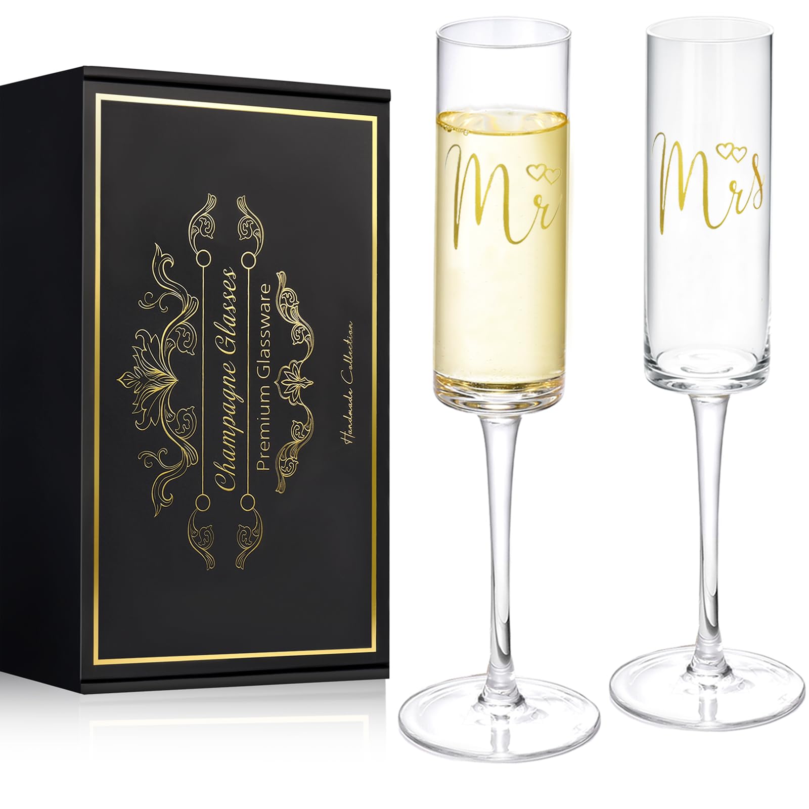 ROXBURGH Mr and Mrs Wedding Champagne Flutes, Bride and Groom Wedding Toasting Glass,Elegant 7oz Square Wine Glasses Set of 2, Bridal Shower for Wedding, Anniversary, Engagement for Couples