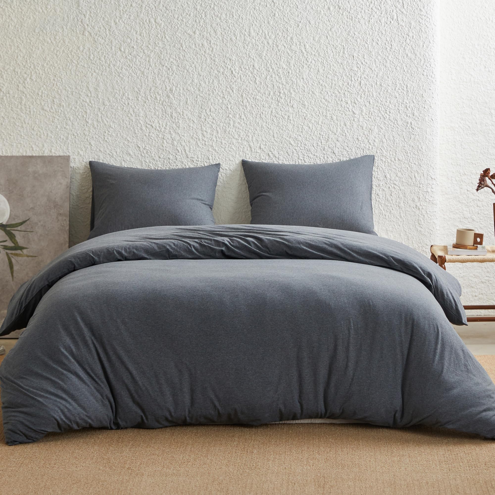 Simple&Opulence 100% Jersey Knit Cotton Duvet Duvet Cover Set -Ultra Soft Duvet Cover King Size-1 Comforter Cover and 2 Pillowcases (Dark Grey, 104"X92")