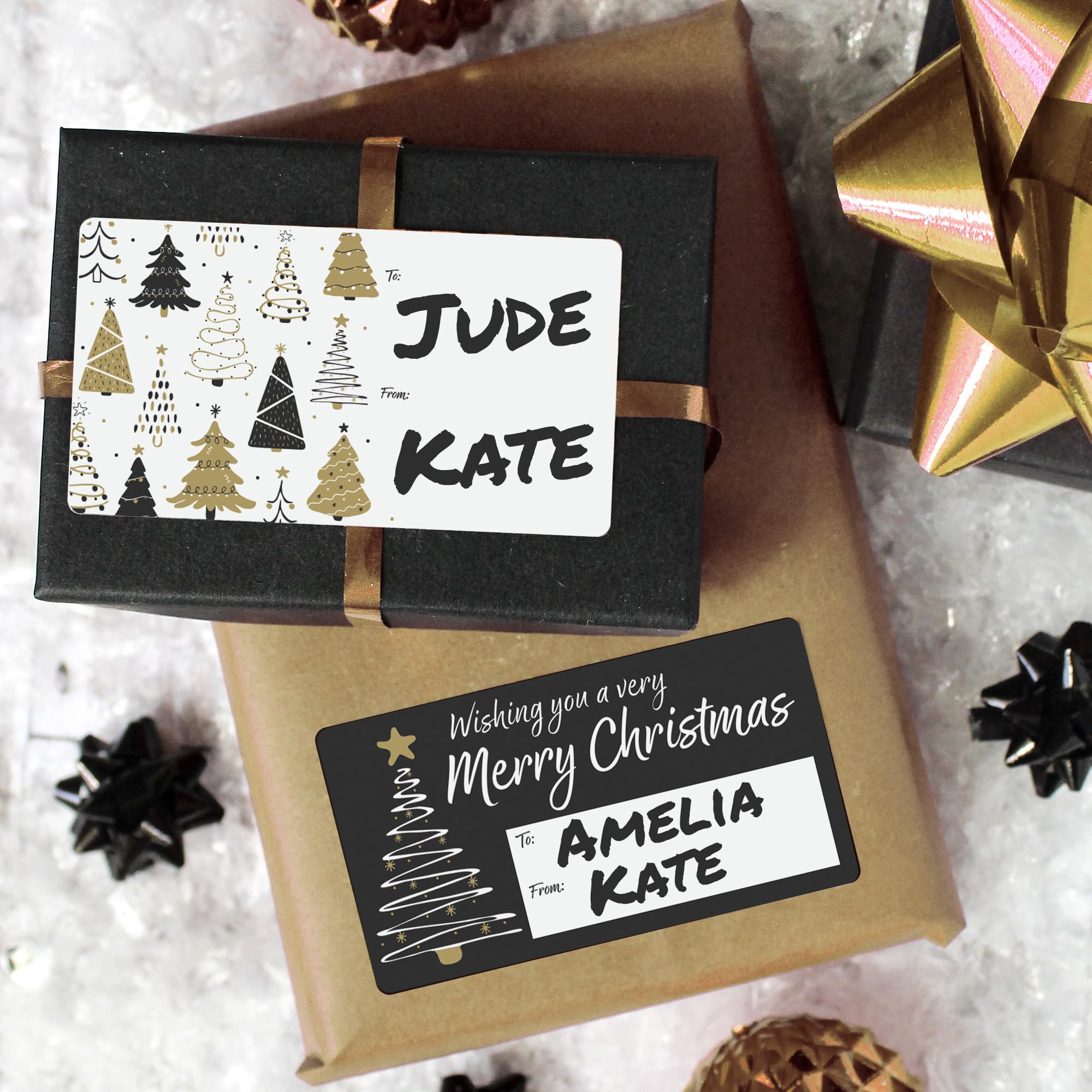 Black and Gold Christmas Gift Tags, 75 Gift Wrap Tags, Peel and Stick Christmas Gift Tags