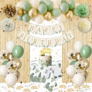 sage green birthday decorations, olive green gold white sand balloons happy birthday banner tablecloth gold fringe curtain paper pom poms for kids women men girls boys birthday green party decor