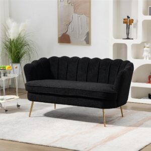 anwickjeff 59" Wide Modern Boucle Loveseat Small Sofa Small Mini Room Couch 2-Seater Sofa with Gold Metal Legs for Small Space Office Studio Apartment Bedroom (Black)