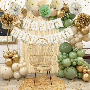 Sage Green Birthday Decorations, Olive Green Gold White Sand Balloons Happy Birthday Banner Tablecloth Gold Fringe Curtain Paper Pom Poms for Kids Women Men Girls Boys Birthday Green Party Decor