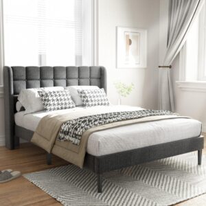 haoara queen bed frame with headboard and upholstered wingback, modern platform bed frame, mattress foundation wooden slats support, no box spring needed, easy assembly, dark grey