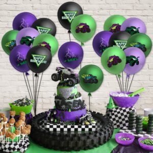 Haooryx 50Pcs Green And Purple Monster Truck Balloon Kit Monster Truck Lightning Print Latex Balloons for Boys Girls Baby Shower Decor Birthday Monster Truck Theme Party Decoration Photo Prop