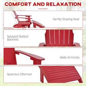 Outsunny 3-Piece Folding Adirondack Chair with Ottoman and Side Table, Outdoor Wooden Fire Pit Chairs w/High-Back, Wide Armrests for Patio, Backyard, Garden, Lawn Furniture, Red