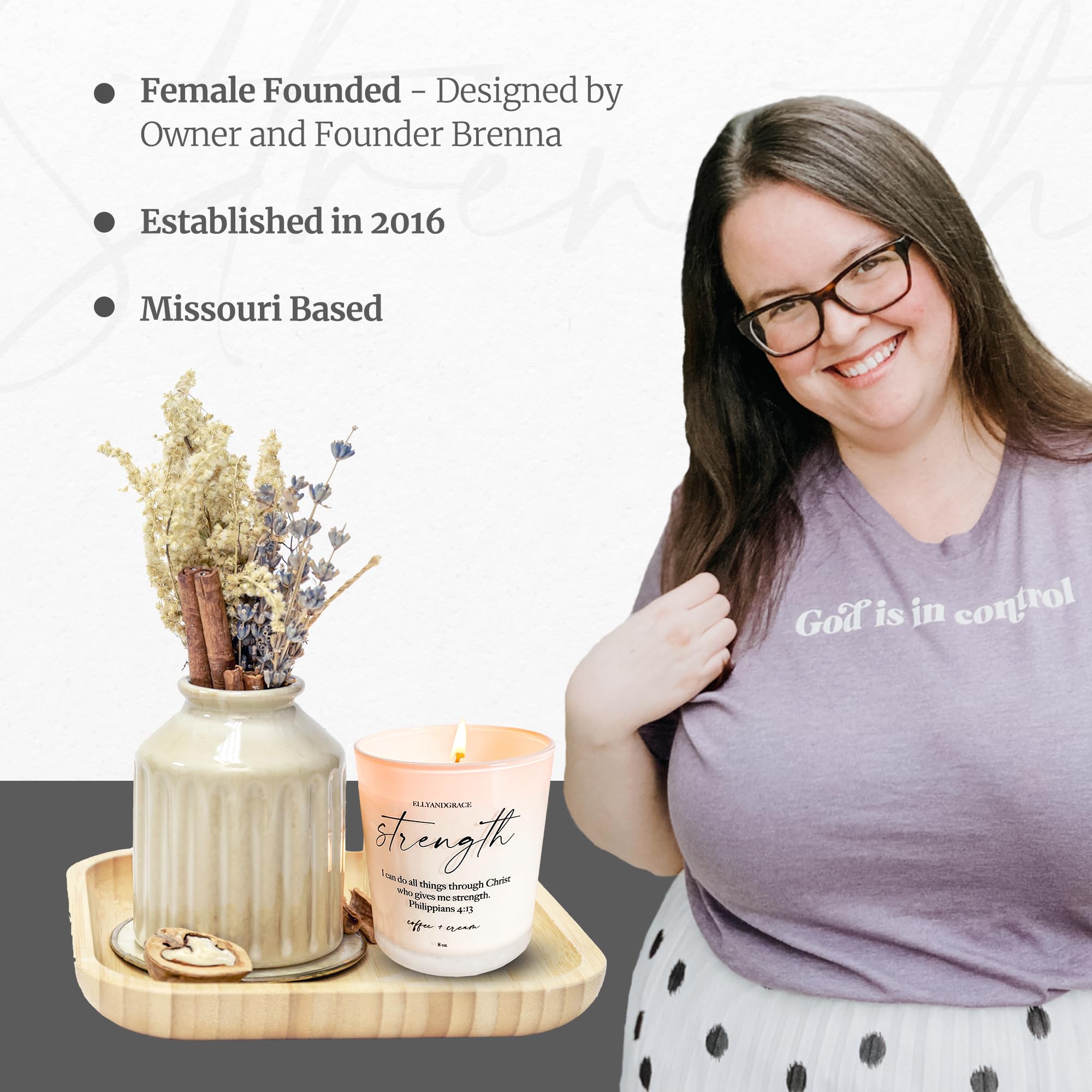 Elly & Grace - Scented Glass Soy Candle with Inspirational Bible Verse - Christian Gifts for Women Scented Candles for Home Thinking of You Gifts for Women Candles Gifts for Women (Strength)