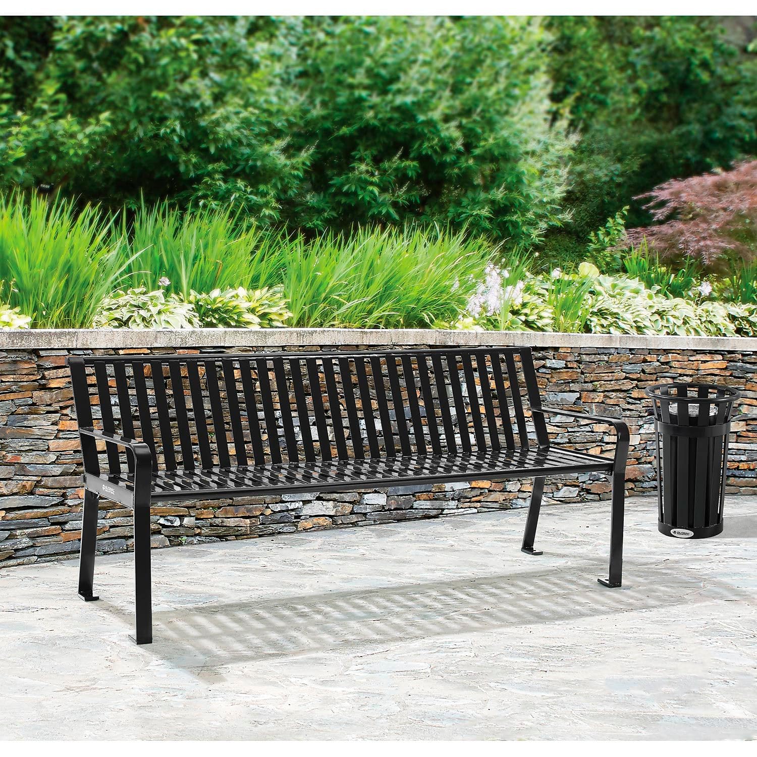 Global Industrial 6 ft. Outdoor Park Bench with Back, Vertical Steel Slat, Black, Unassembled