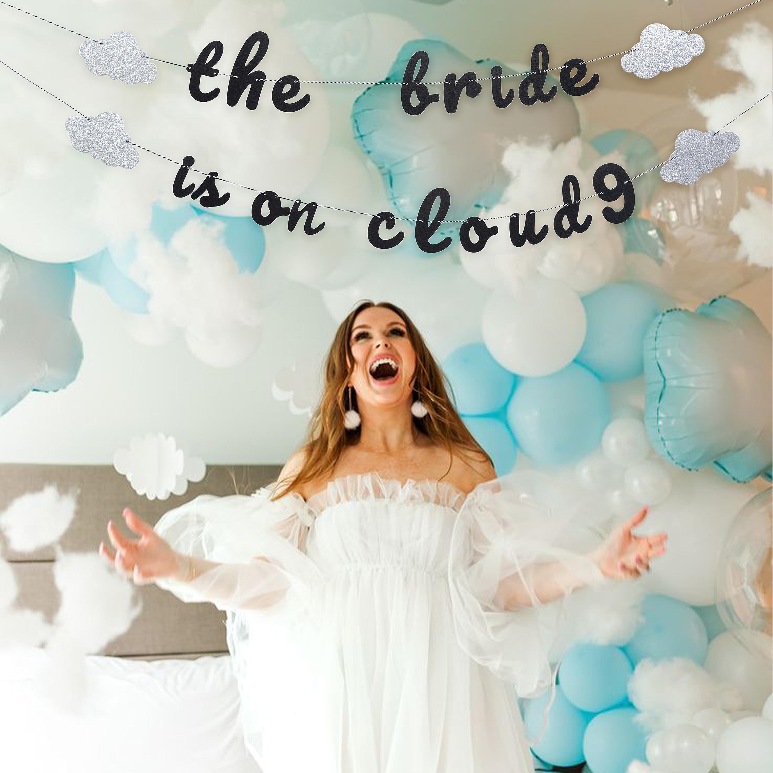 The Bride Is On Cloud 9 Banner - Bachelorette Party Decor,Silver Glitter Banner for Engagement Wedding Decorations,Bridal Shower Sign Party Engagement,Wedding Receptions Party Supplies(Black) (On